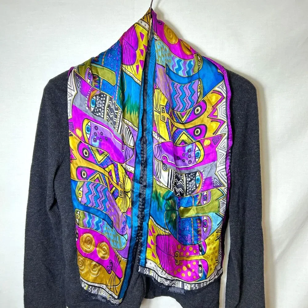 Laurel Burch Vibrant Multicolor Abstract Cat Print 100% Silk Rectangle Scarf